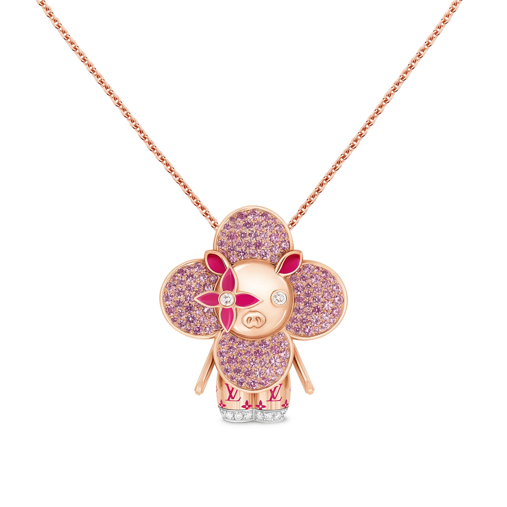 Vivienne Pig Pendant, Pink Gold, Lacquer, Diamonds & Colored